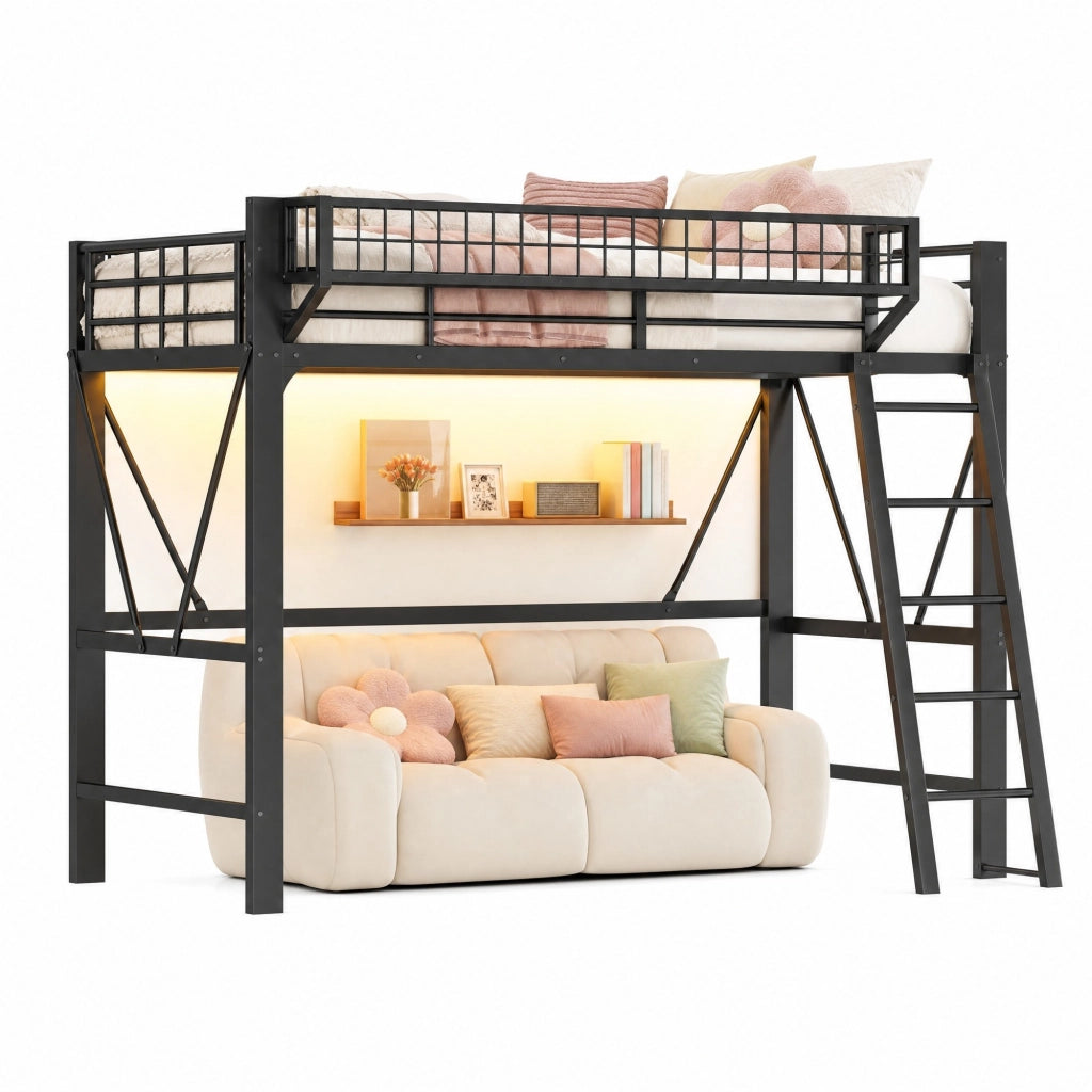 Letto a soppalco 90 × 200 cm 1 posto con LED a 7 colori, cestino laterale e barriere, senza materasso, nero