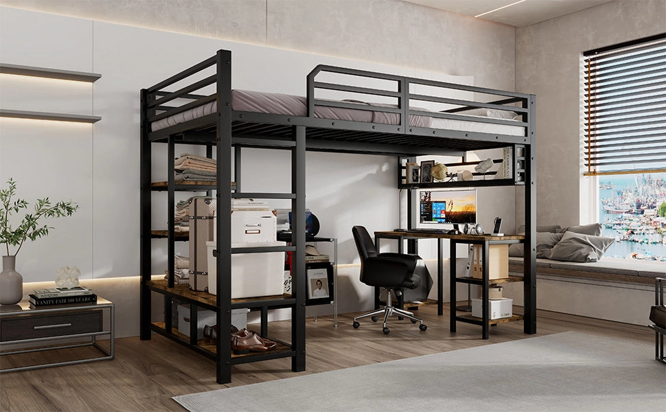 Letto a soppalco per bambini 120 × 200 cm con scrivania ripiano scala a 4 gradini metallo nero noce scuro