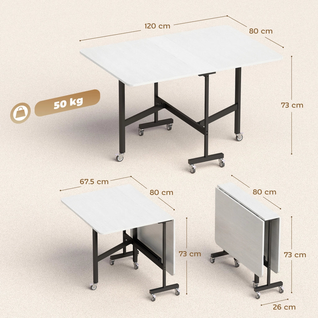 Tavolo Pieghevole per 4-6 Persone 120x80x73 cm con 2 Ribalte e Ruote con Freno Struttura in Acciaio Bianco Legno