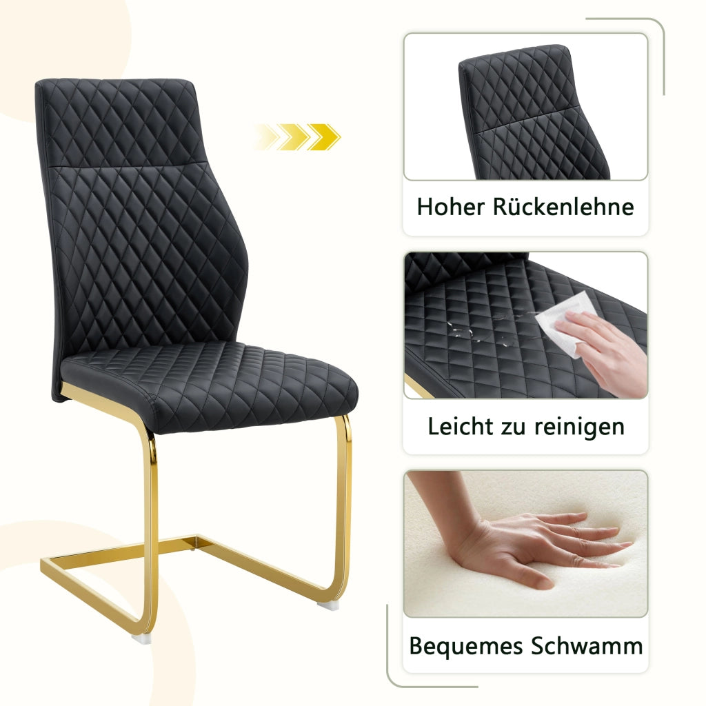 Sedie da sala da pranzo set 2 con schienale alto ergonomico e imbottitura, in similpelle PU nera e metallo dorato