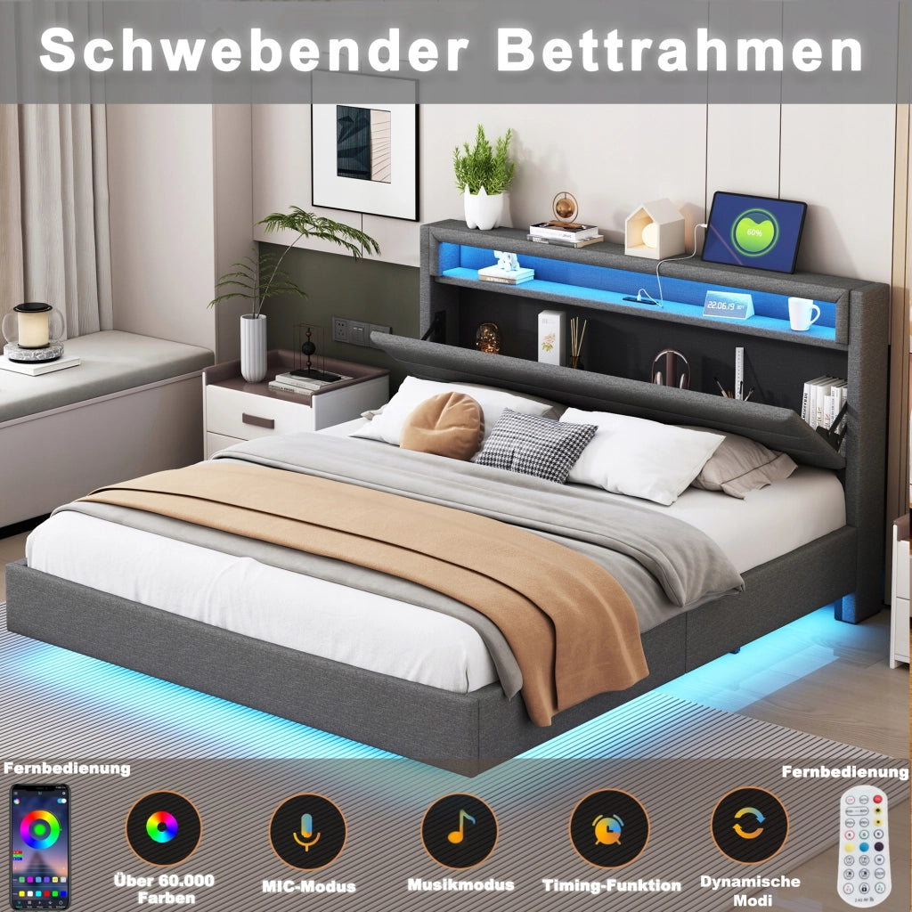 Letto imbottito 160x200 grigio con USB e LED - Xylo