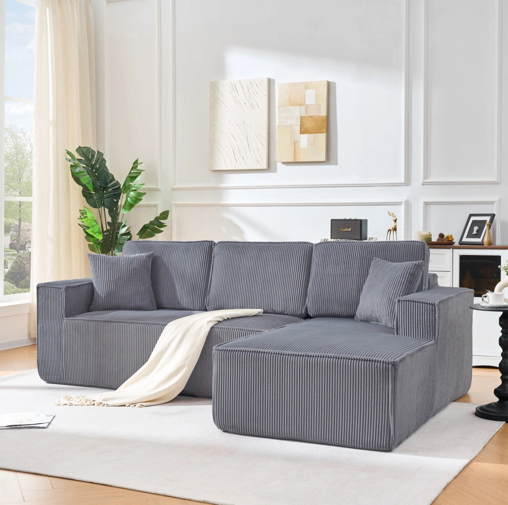 Divano angolare modulare a L in tessuto di cotone, 2 posti con chaise longue grigio, imbottitura in schiuma ad alta densità