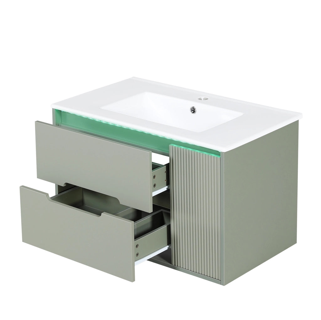 Mobile bagno sospeso 81 cm con lavabo in ceramica, illuminazione LED regolabile e design a onde, colore verde, senza miscelatore
