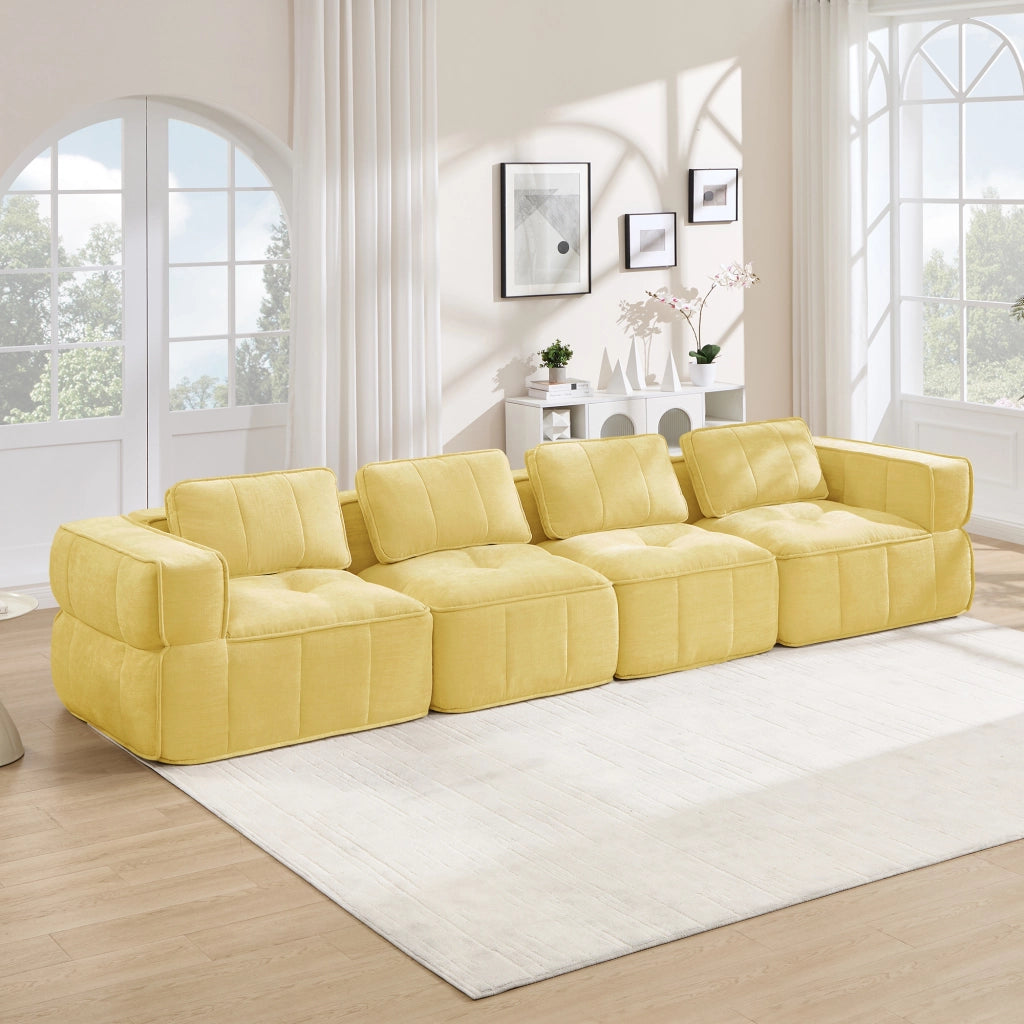 Divano modulare 4 posti con seduta profonda e base antiscivolo in poliestere giallo 344 × 93 × 67 cm
