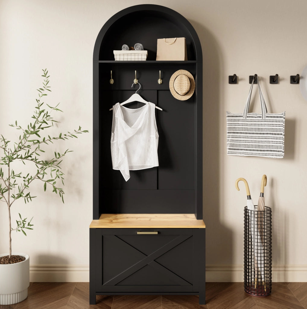 Mobile guardaroba 75x35x195 cm nero e legno MDF con appendiabiti e scarpiera