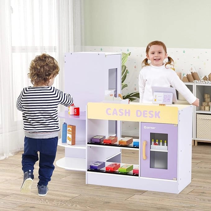 Set di Giocattoli in Legno per il Supermercato, Negozio Alimentare per Bambini con Bancone Cassa, POS, Distributore Automatico, per Bambini 3 - 8 Anni (Viola)