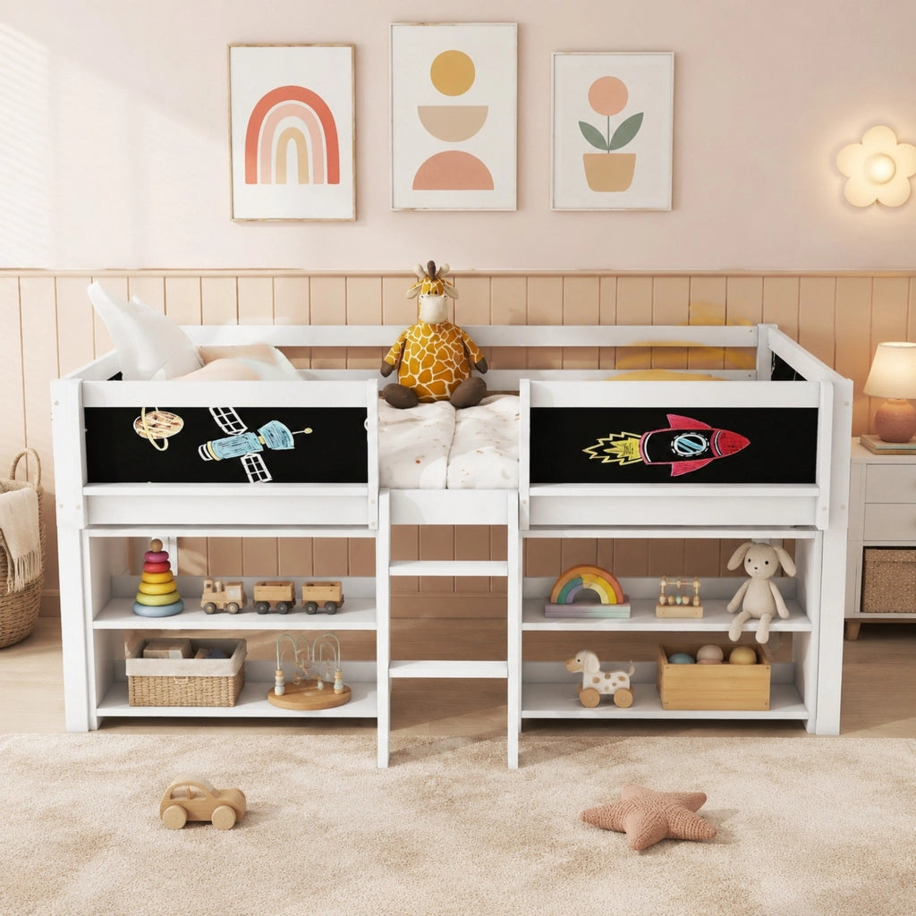 Letto a soppalco 90 × 200 cm con ripiani contenitori e scala in legno e MDF