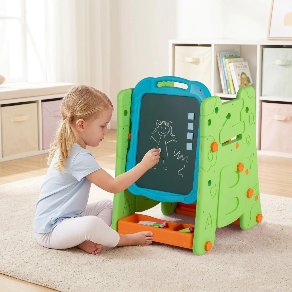 Cavalletto per bambini 3 in 1 con lavagna bifacciale e libreria, Cavalletto per disegno con altezza regolabile Verde