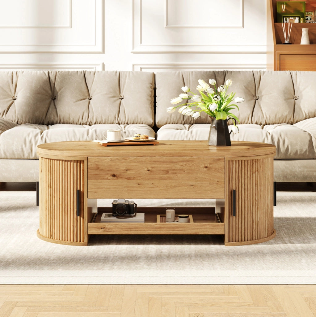 Tavolino da caffè elevabile 110x55x55 cm in MDF naturale con ante scorrevoli