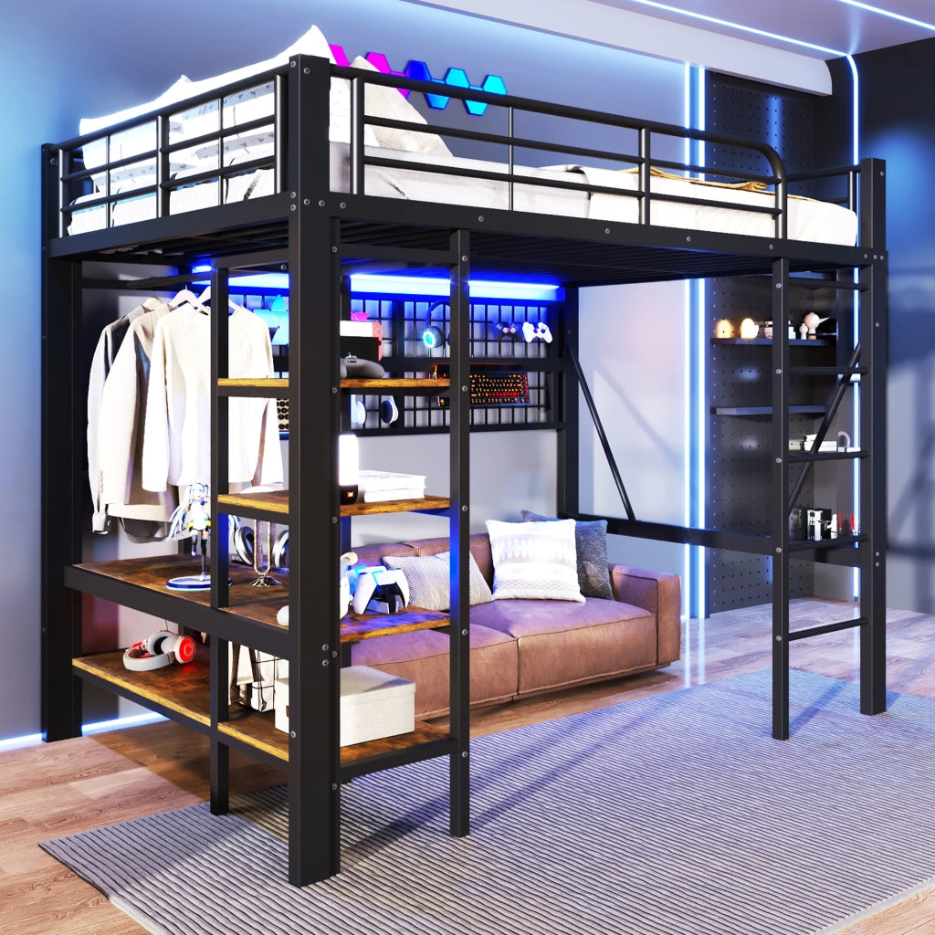 Letto a soppalco 140 × 200 cm con luci LED app ripiano rete appendiabiti metallo MDF nero senza materasso