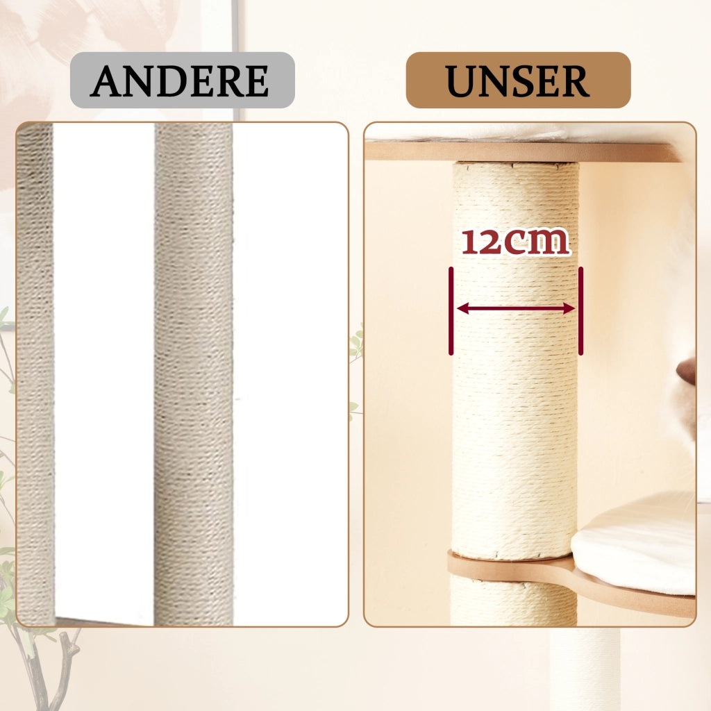 Tiragraffi per gatti a 3 livelli con cuccia colonne da 12 cm cuscini rimovibili MDF marrone bianco 60 × 48 × 135 cm