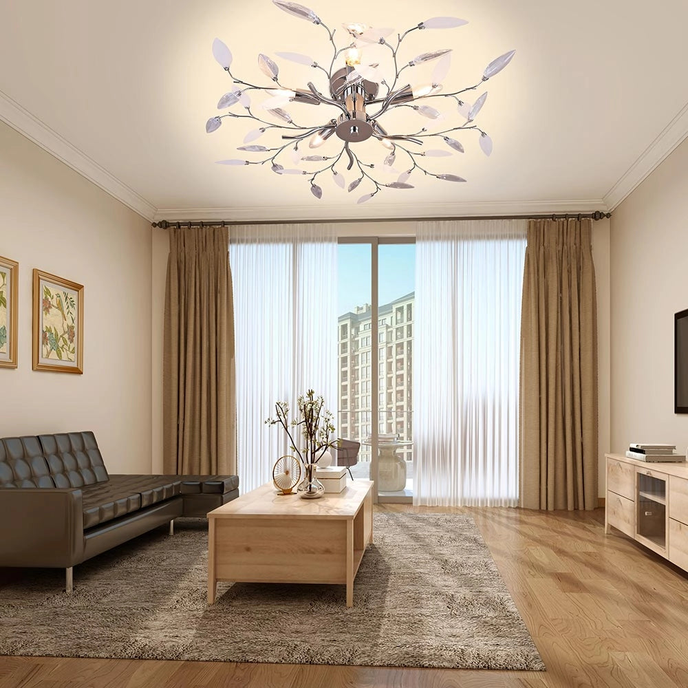 Lampadario Plafoniera Foglie Metallo e Acrilico Design Moderno 5 Lampadine E14