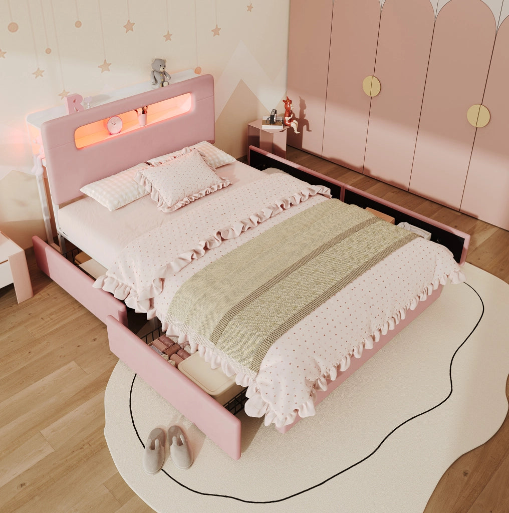 LETTO IMBOTTITO 140x200 cm Rosa in Velluto con 4 Cassetti e LED