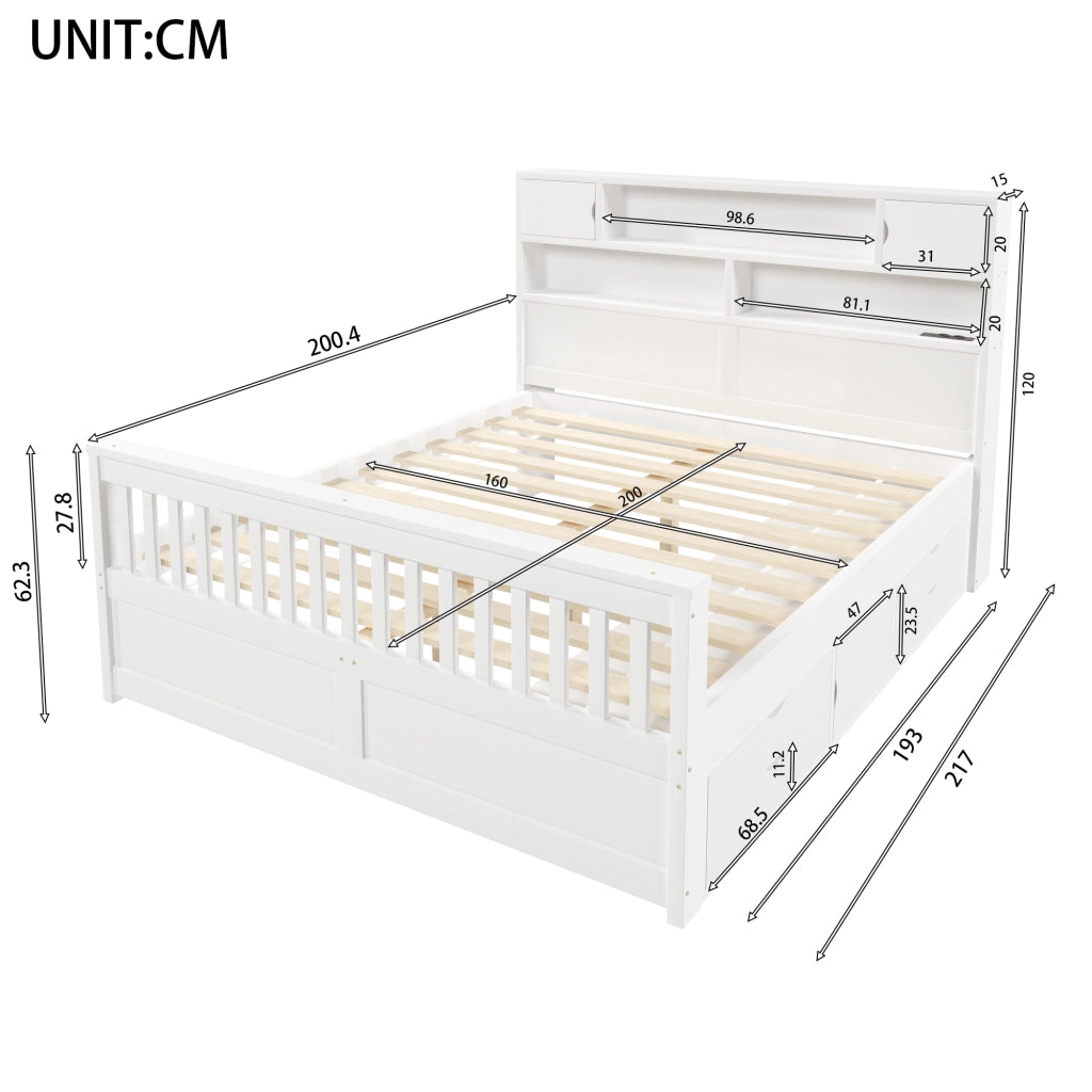 Letto matrimoniale 160x200 cm bianco con ripiani; LED; USB e 4 cassetti