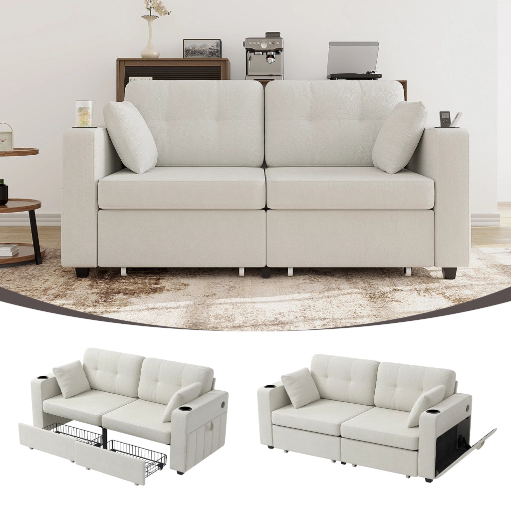 Divano a 2 posti con portabicchieri; vani laterali e USB - in chenille beige