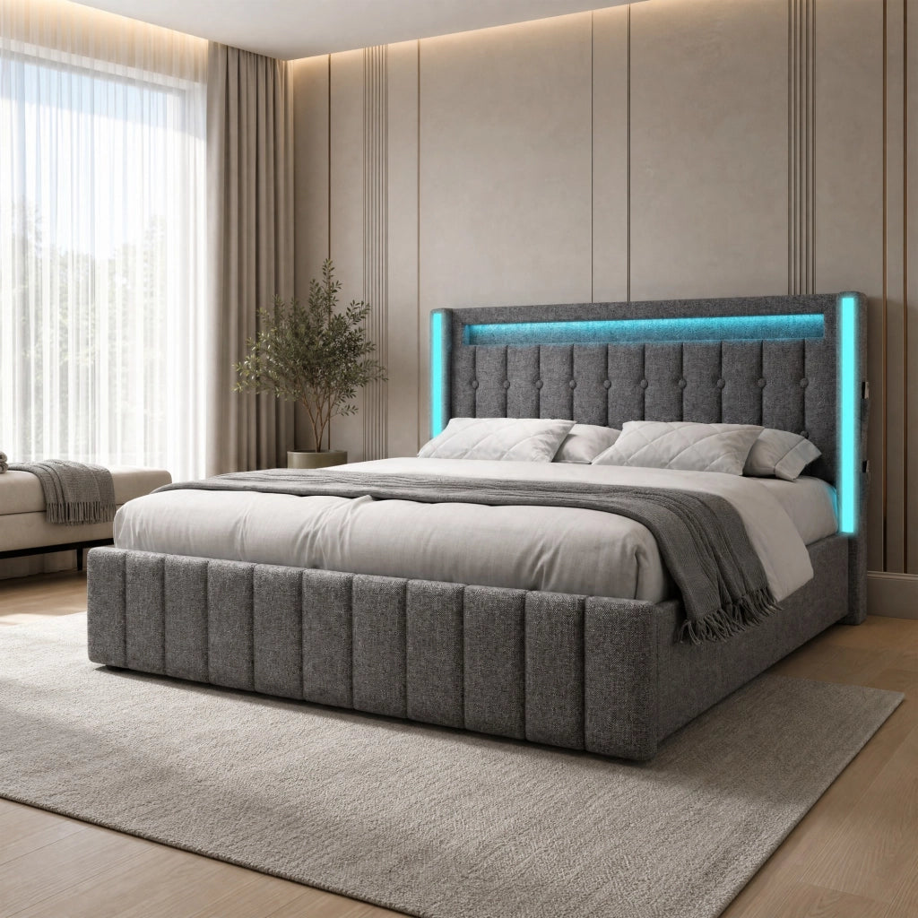 Letto imbottito con ricarica USB, LED e 4 cassetti
