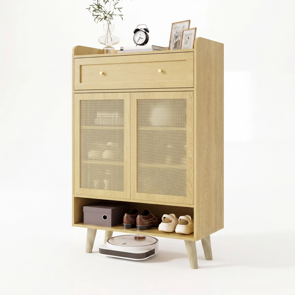 Mobile contenitore con ante, cassetto e ripiani in rovere chiaro 80x105x35 cm