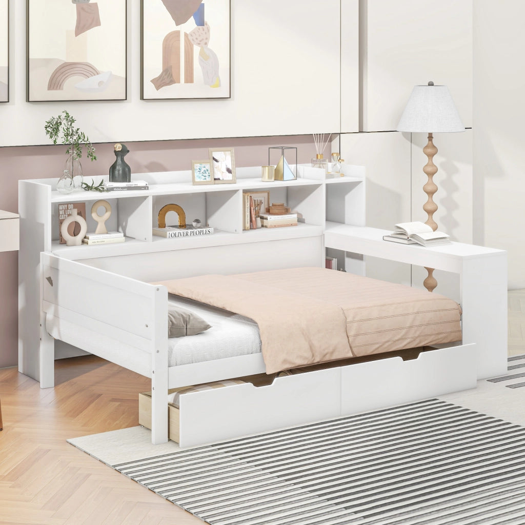 Letto Singolo 90 x 200 cm con USB; prese e 2 cassetti; scrivania in truciolare Bianco