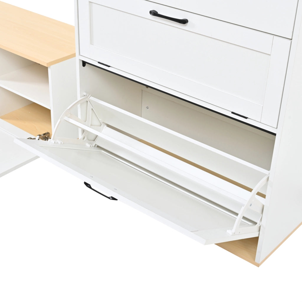 Set guardaroba modulare con specchio e panca porta scarpe bianco e legno 156x36x176 cm