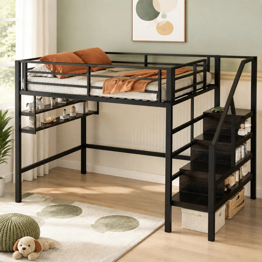 Letto a soppalco 140 × 200 cm con scaffali e scala contenitore in metallo e MDF nero