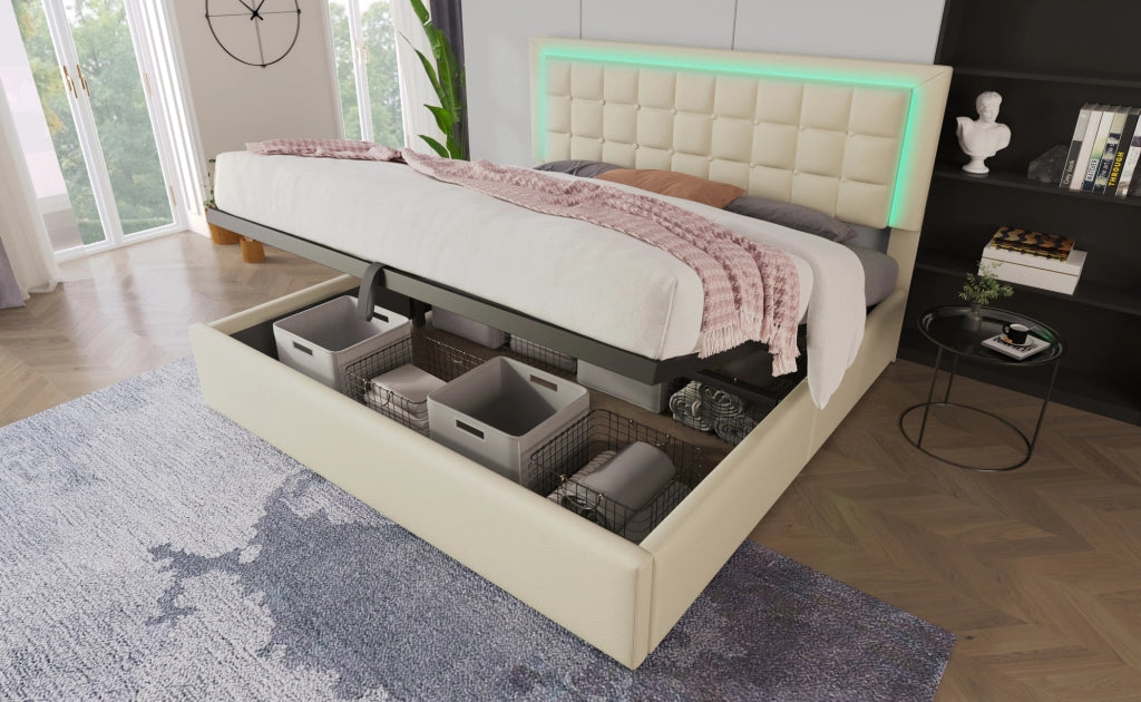 Letto matrimoniale imbottito 180x200 cm con rete a doghe, contenitore e striscia LED bianca in ecopelle senza materasso