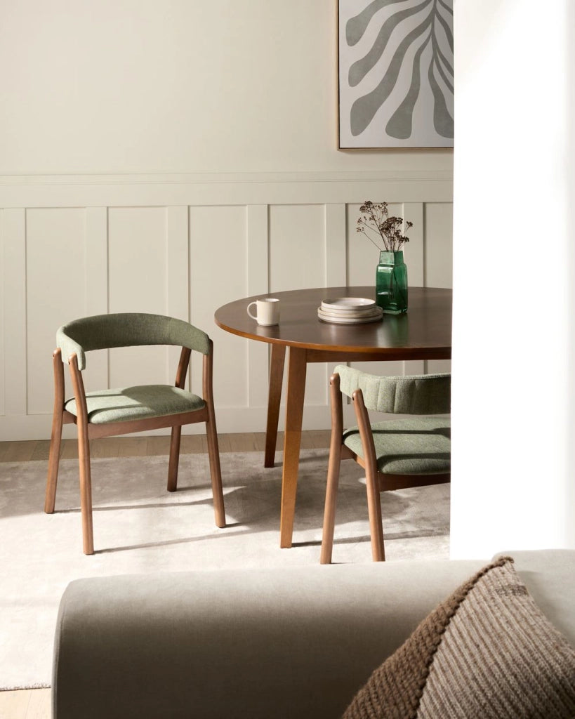 Set di 2 sedie da pranzo in tessuto poliestere marrone scuro e verde Gambe in legno di gomma Stile retrò tradizionale