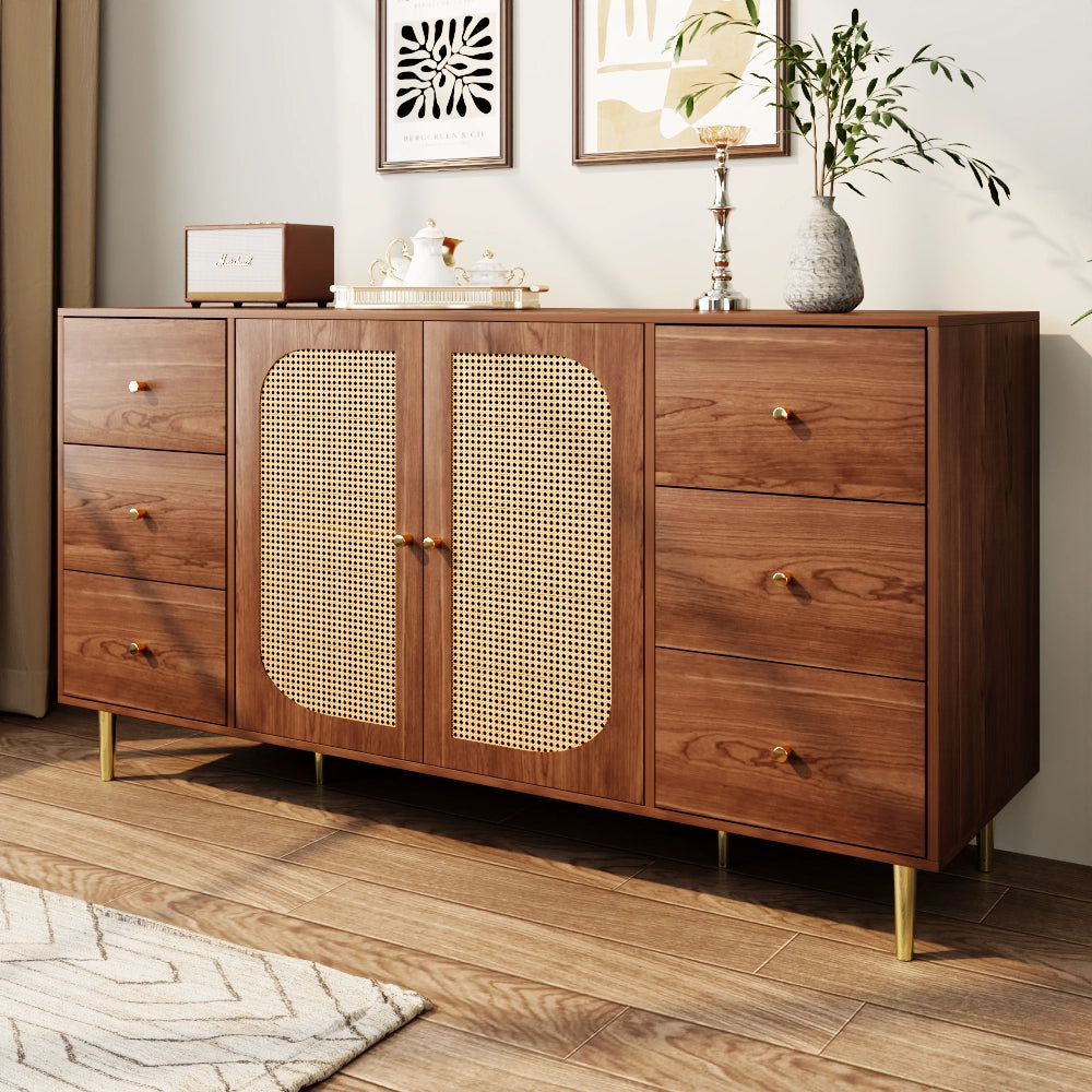 Madia per soggiorno con sei cassetti e due ante in MDF con porte in rattan color legno 160 × 40 × 90 cm