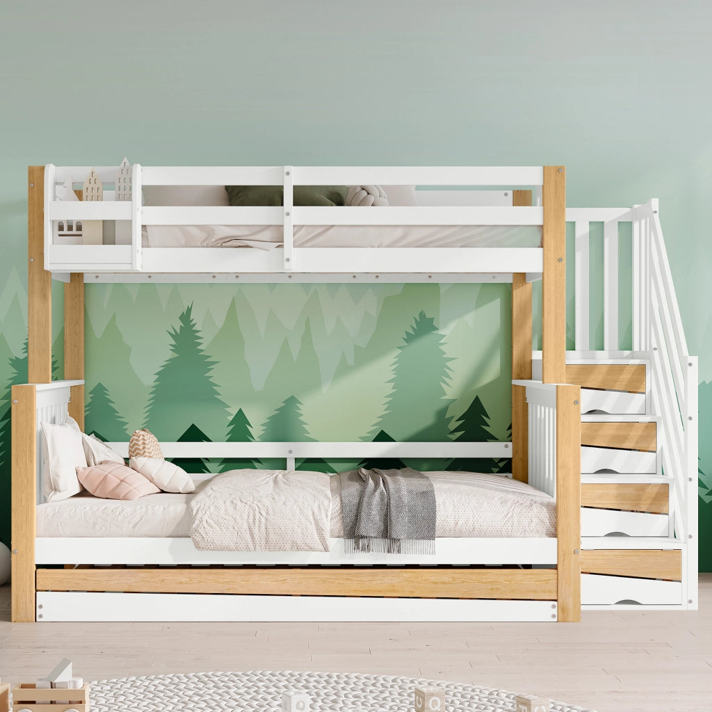 Letto a castello per bambini con letto estraibile; pino e MDF; scala contenitore; bianco e legno naturale