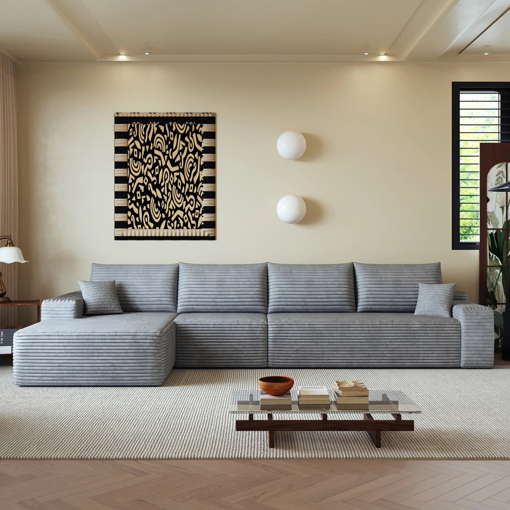 Divano angolare modulare 340 cm con chaise longue a L; 4 posti; velluto a coste; grigio