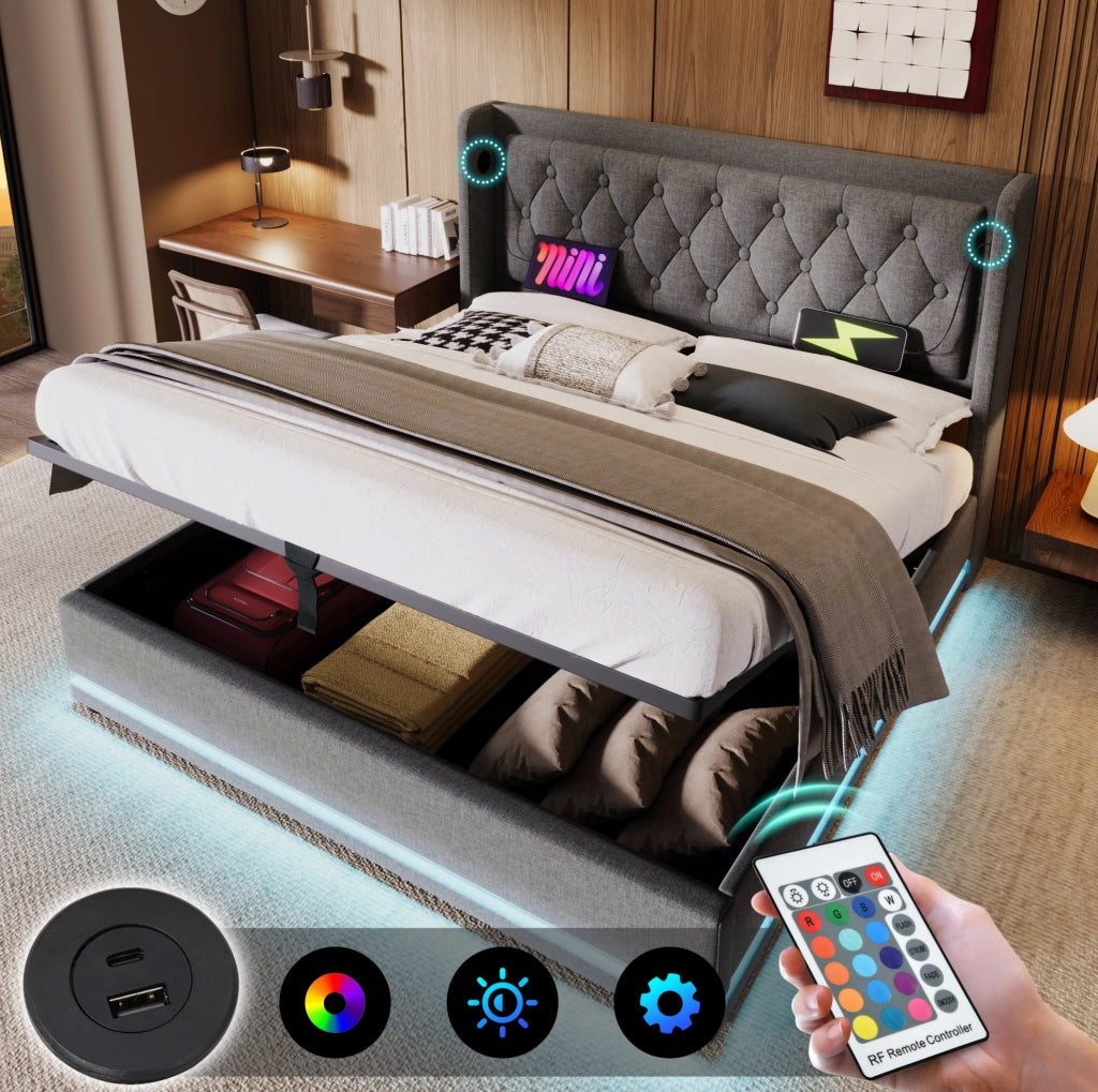 Letto matrimoniale imbottito 180x200 cm grigio in cotone con testiera imbottita, funzione di ricarica USB Tipo-C e contenitore idraulico, illuminazione LED su 3 lati (senza materasso)