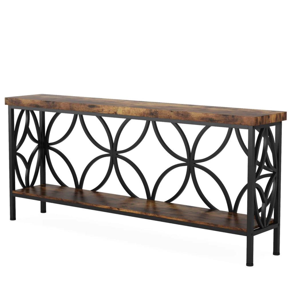 Consolle con ripiani aperti in pannelli di particelle e acciaio nero e marrone rustico 160 × 29.5 × 80 cm