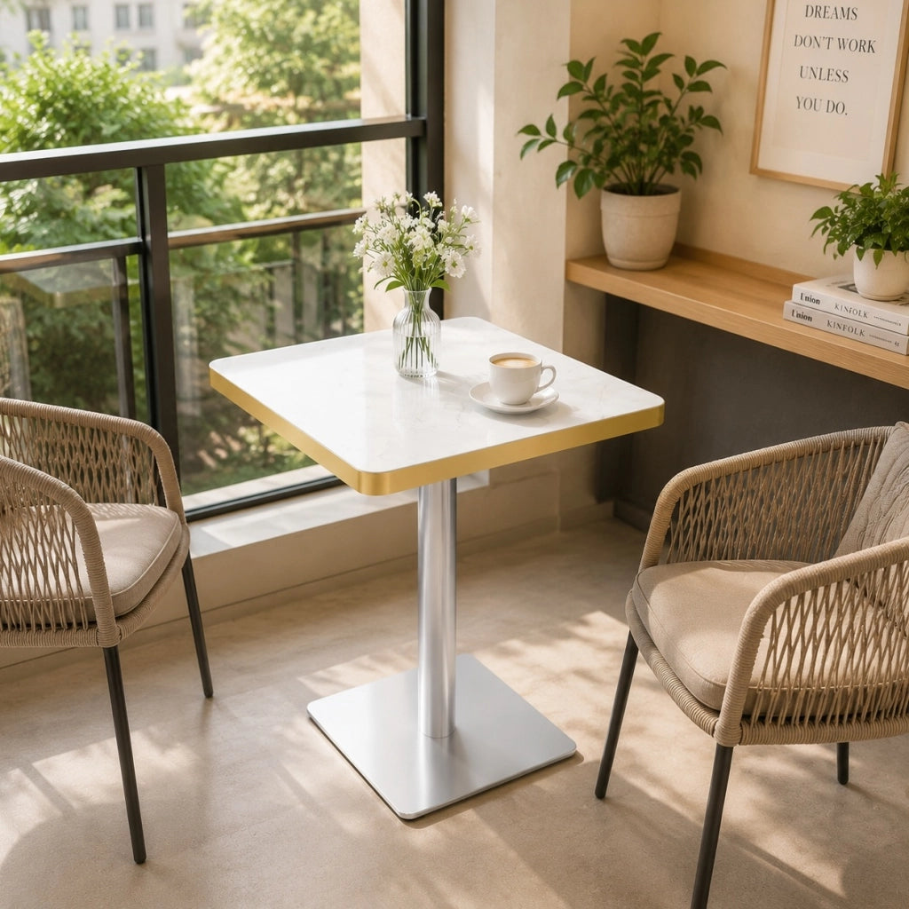 Tavolo da pranzo quadrato 60x60 cm piano effetto marmo bianco, metallo, per piccoli spazi