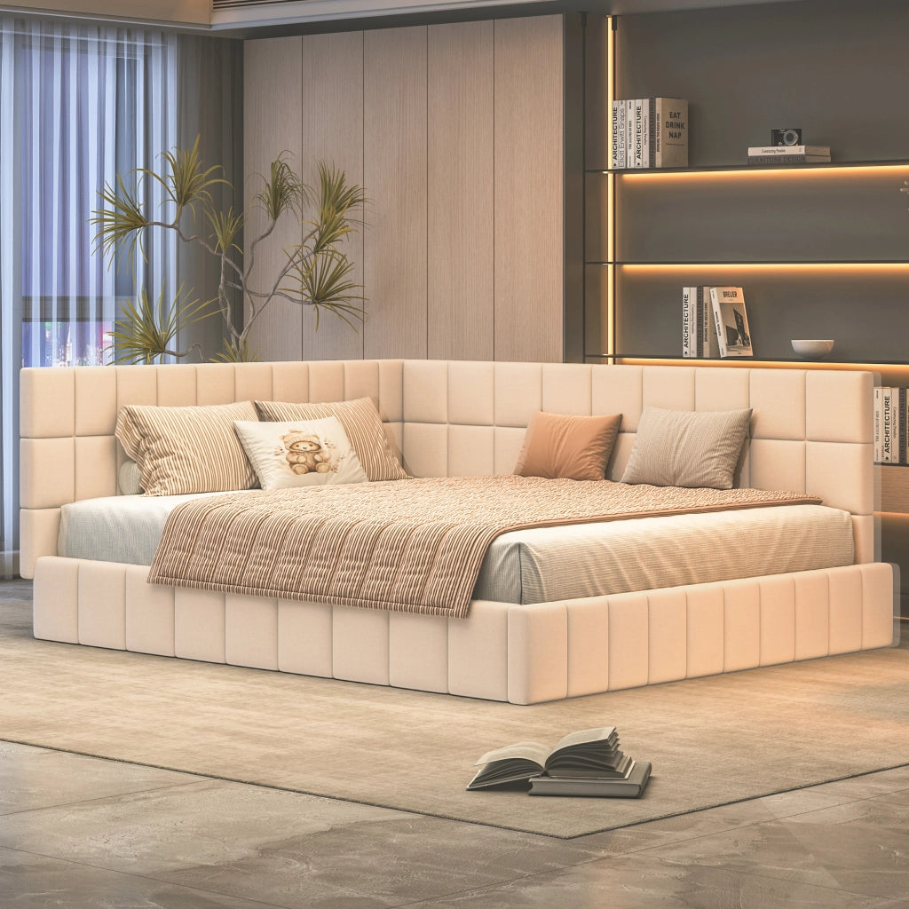 Letto imbottito 160 x 200 cm con rete a doghe, letto matrimoniale in velluto, stile divano letto, beige