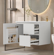 Mobile bagno sospeso 76x46x50 cm in MDF con lavabo in ceramica integrato, due cassetti silenziosi e luci LED a sensore radar, bianco