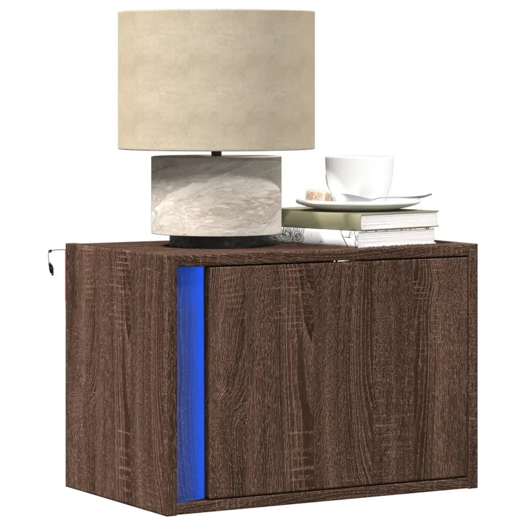 Comodino | Armadio da Notte | Mobiletto da notte a Parete con luci LED Rovere Marrone