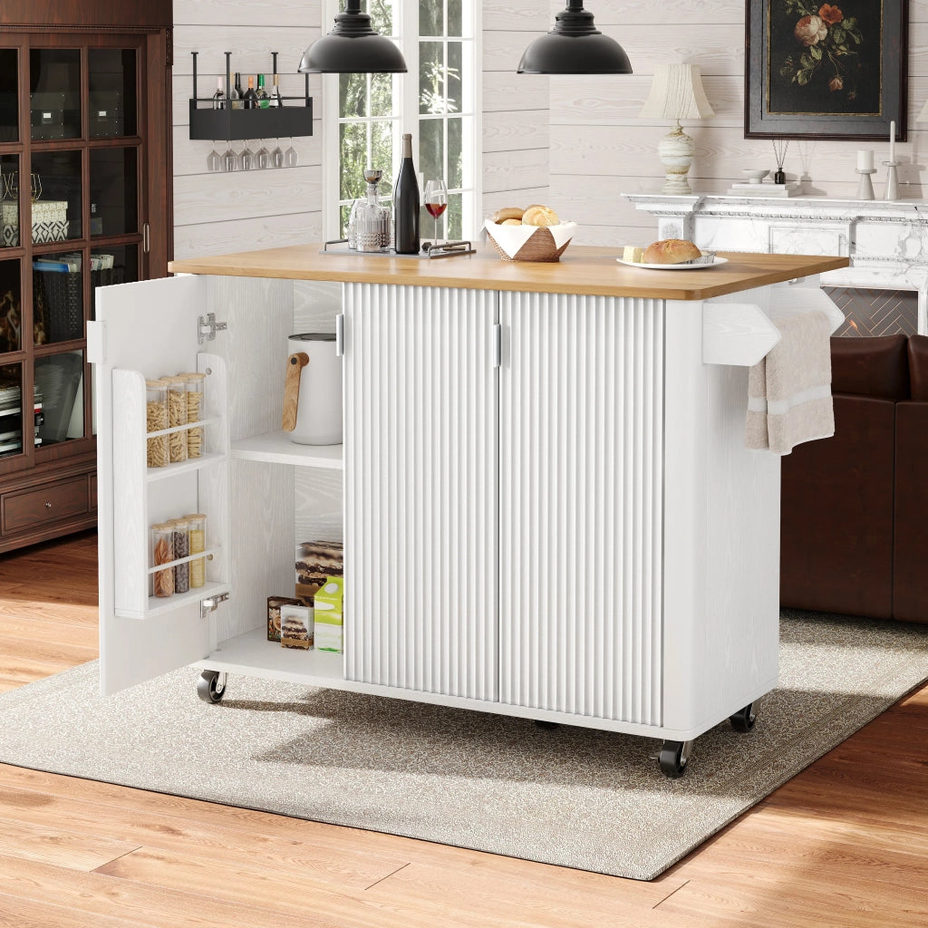 Isola Cucina Estensibile su Ruote 130x45(75)x92cm, Bianco/Nero, Effetto Legno, 3 Ante, Portasciugamani, Spezieria, Divisori Regolabili