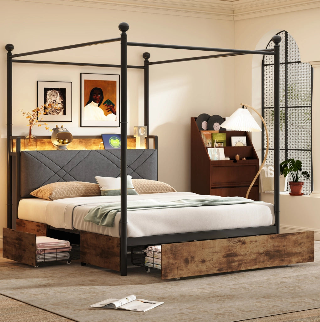 Letto multifunzionale 140x190 cm in ferro; baldacchino removibile; LED; USB e Type-C; nero