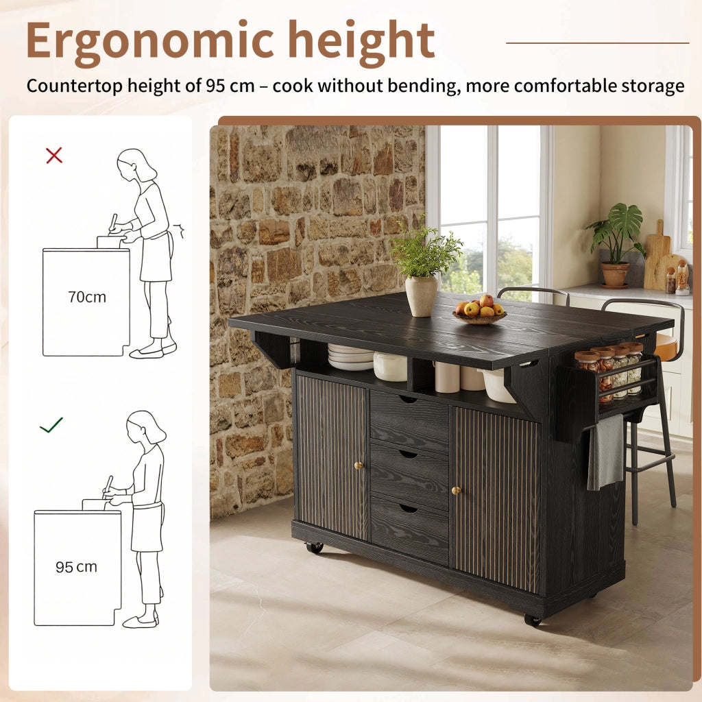 Carrello da cucina con 3 cassetti piani laterali pieghevoli e ripiani regolabili in MDF e metallo nero