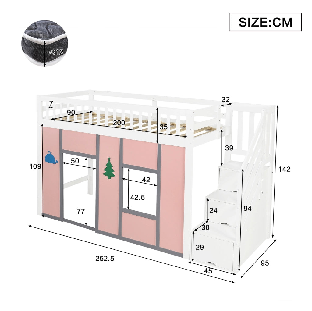 Letto a soppalco per bambini 90x200 cm bianco e rosa con LED
