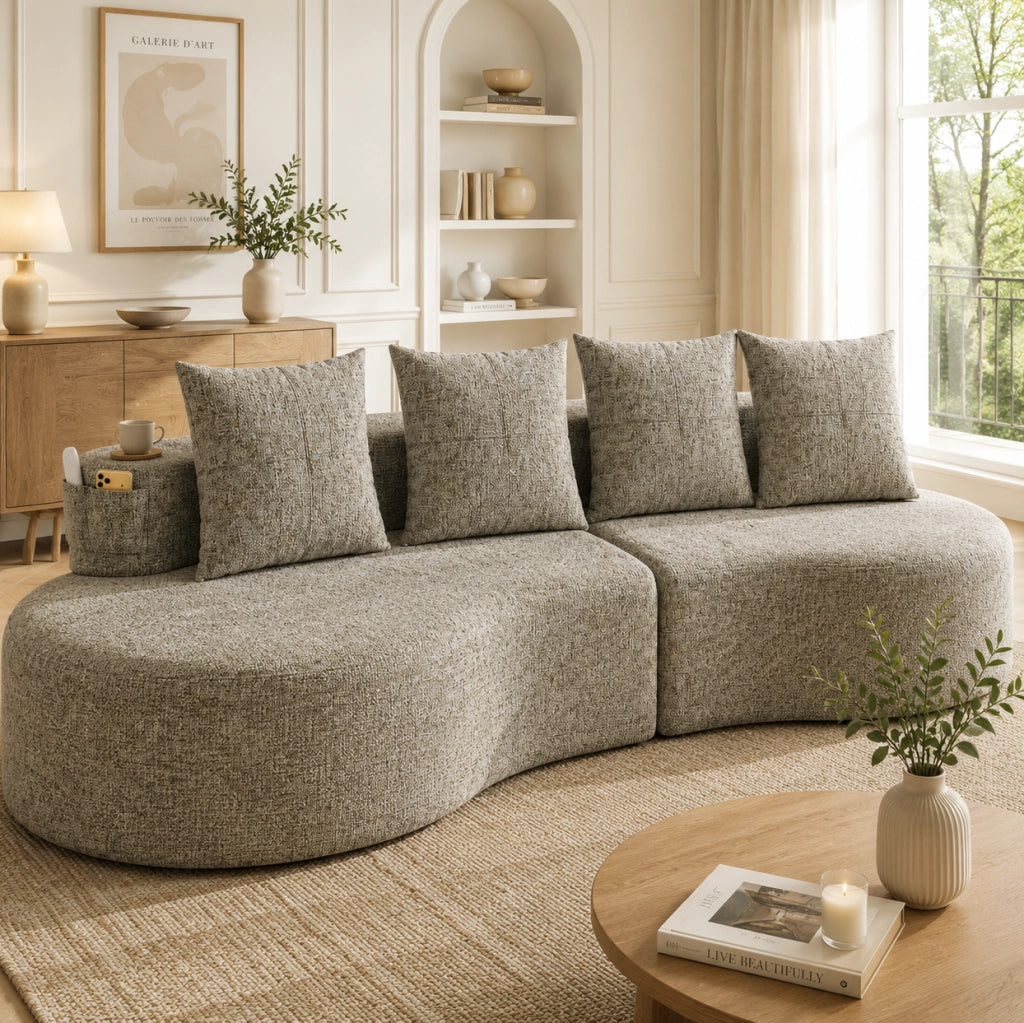 Sofa in lino khaki con 4 cuscini; portabicchieri e tasche laterali; 240 cm