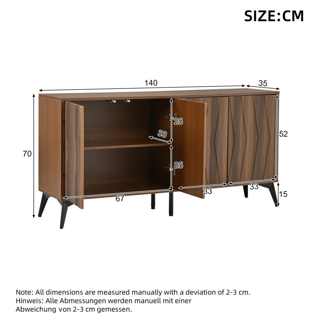 Credenza 140x35x70 cm con 4 ante e ripiani regolabili in MDF e truciolare color noce