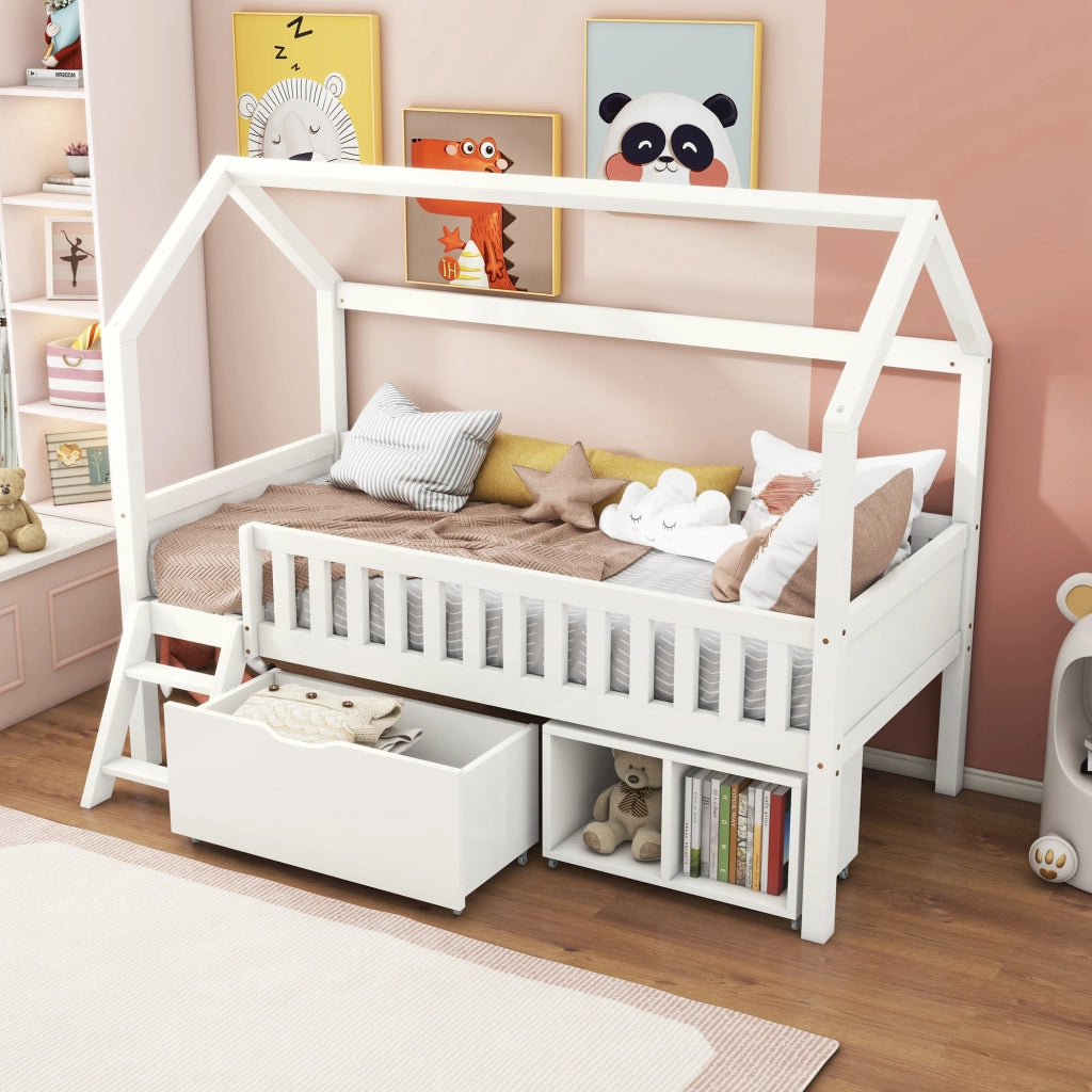 Letto a casetta 90 × 200 cm con cassetti e vani portaoggetti in legno bianco con scala e barriera anticaduta