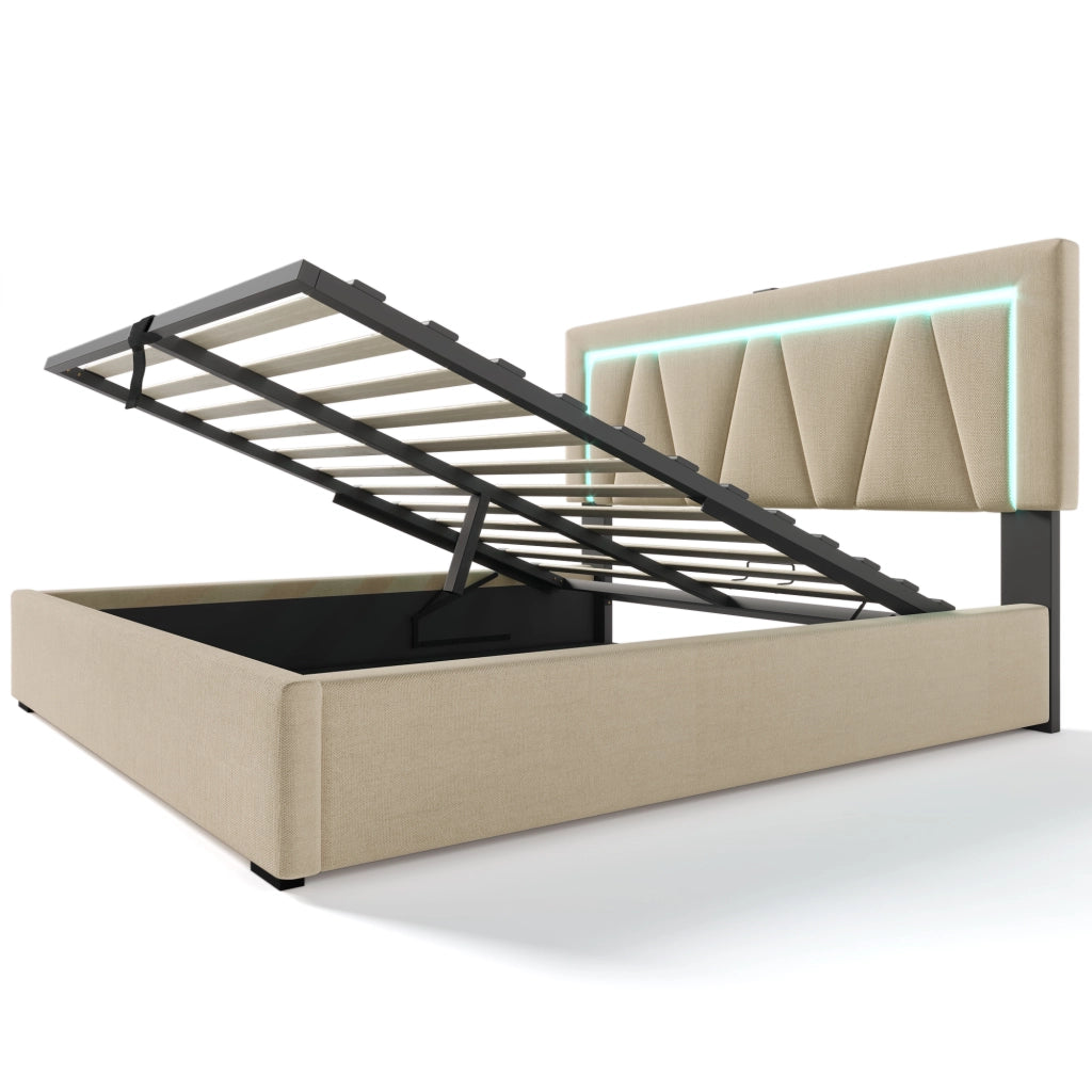 Letto imbottito con USB-C, LED e contenitore, 140x200 cm, lino