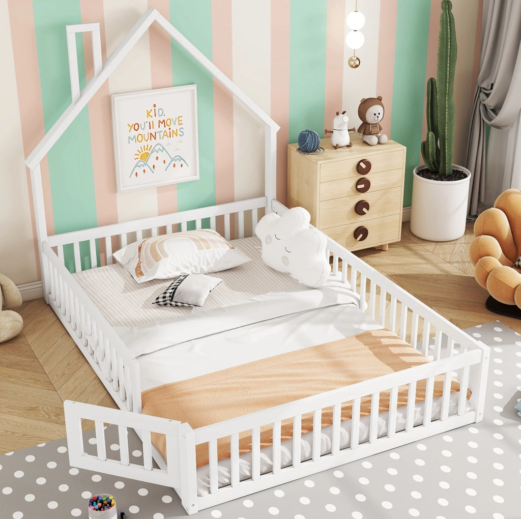 Letto per bambini 140x200 cm con design a camino, sponde di sicurezza e rete a doghe