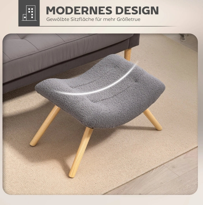 Pouf in tessuto Berber fleece grigio scuro con struttura in legno di faggio, 67x45x38 cm, portata 120 kg