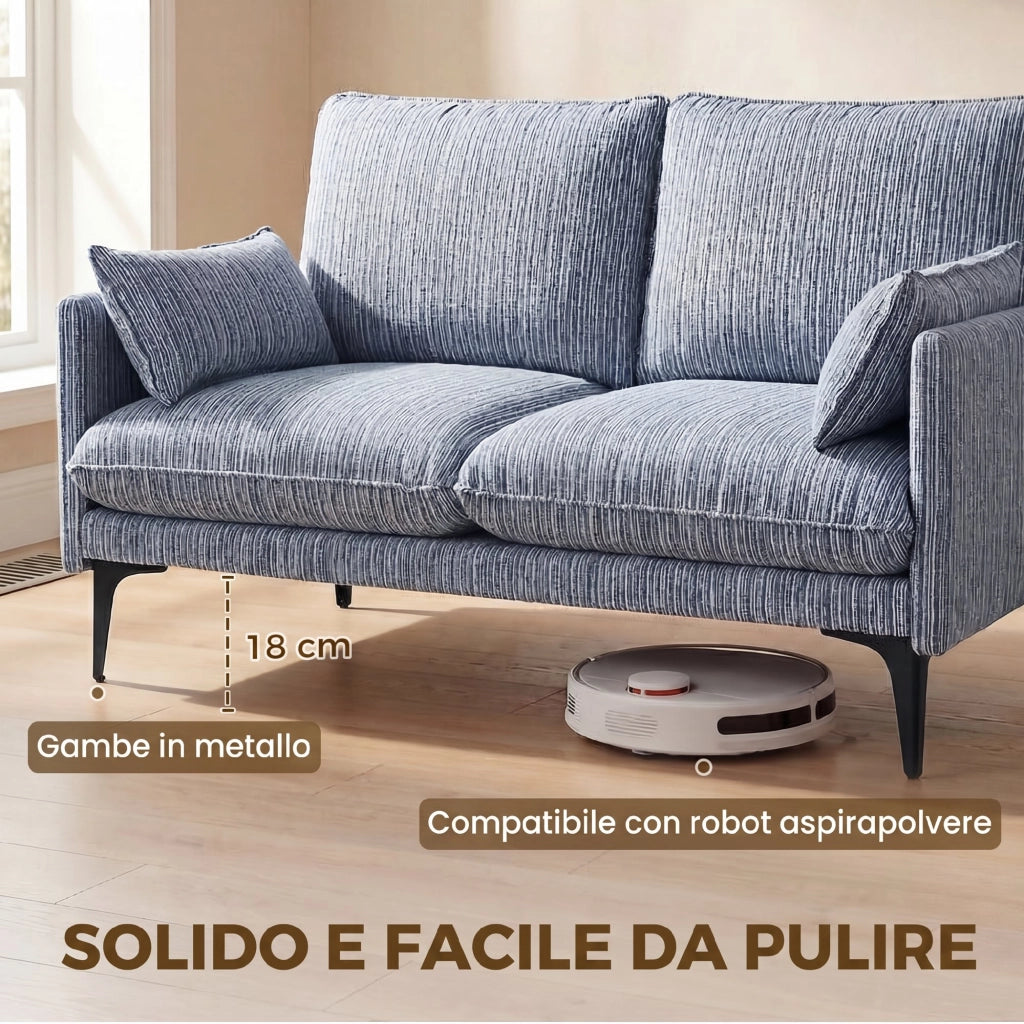 Divano 2 Posti 131x78x83 cm con Braccioli Imbottitura Spessa e 2 Cuscini in Tessuto Blu