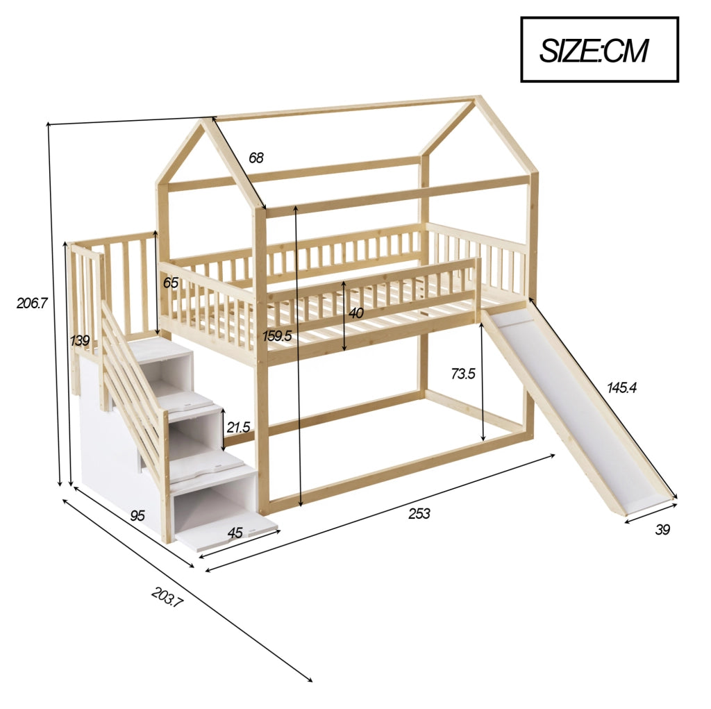 Letto a soppalco per bambini con scivolo e scala contenitore 90 x 200 cm; legno naturale