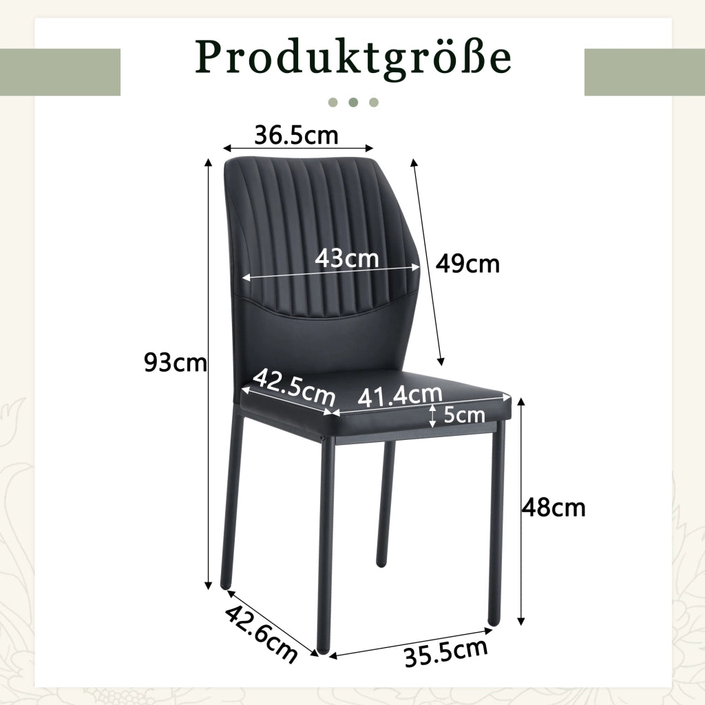 Sedia da pranzo in pu nero con schienale a righe verticali e gambe in metallo, set da 4