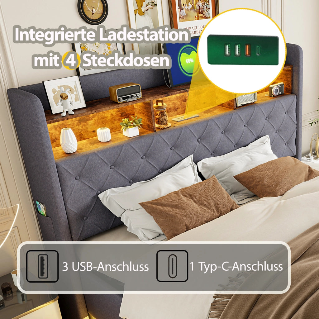 Letto imbottito LED 180 x 200 cm, letto contenitore imbottito con ricarica USB e contenitore idraulico, lino delicato sulla pelle - Grigio