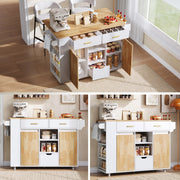 Isola da cucina mobile con piano ribaltabile; 3 cassetti e portaspezie a 3 livelli; bianco; 120x45(71)x90 cm